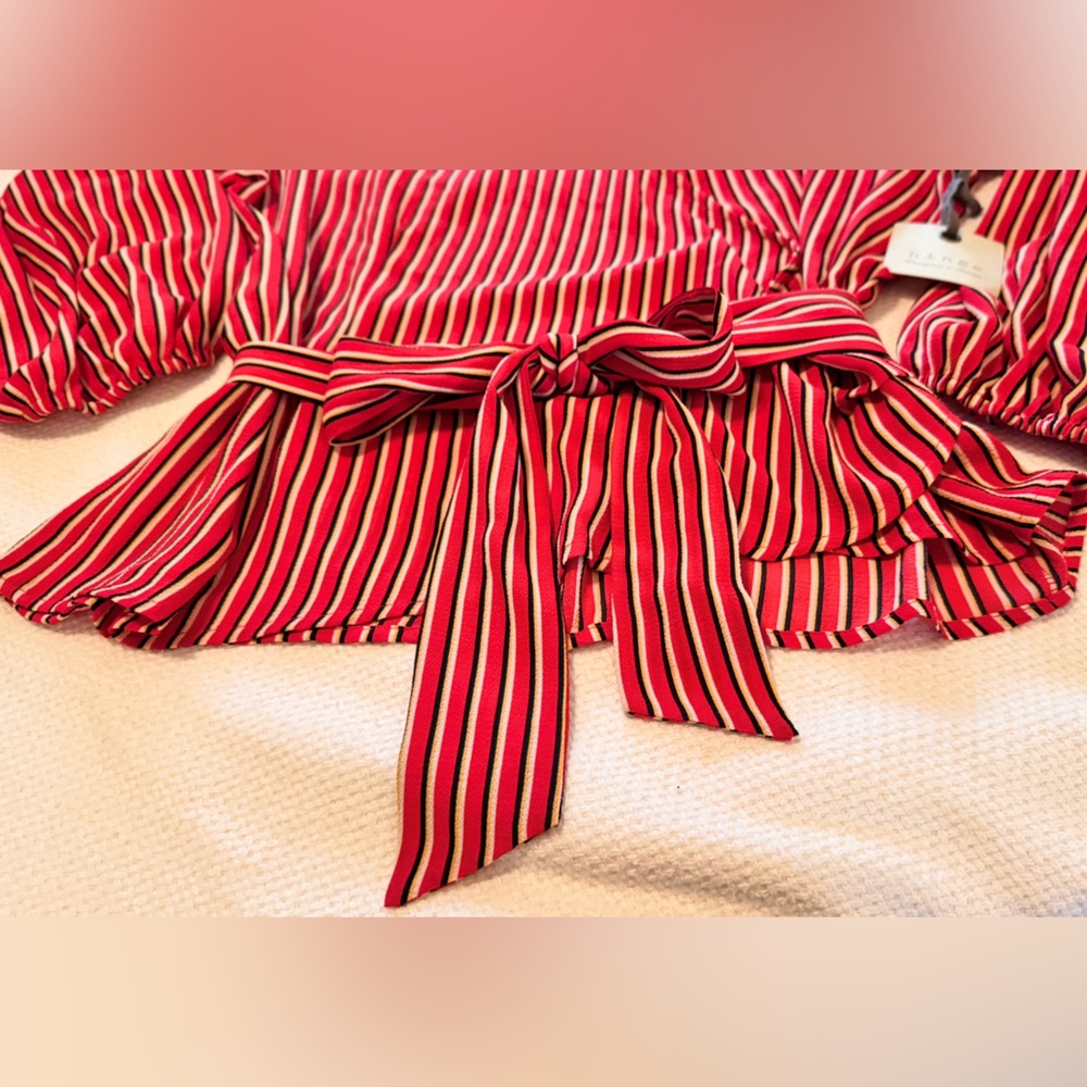 HINGE Striped Wrap Blouse Tie Bow Waist Red & White Stripe Puff Long Sleeve Top - Picture 6 of 16